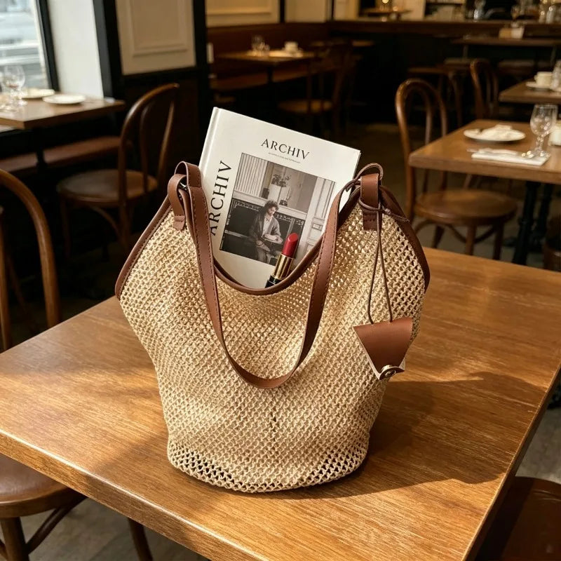 1 unidade de Bolsa de Ombro Minimalista de Palha Trançada com Alças de PU, Sacola Casual