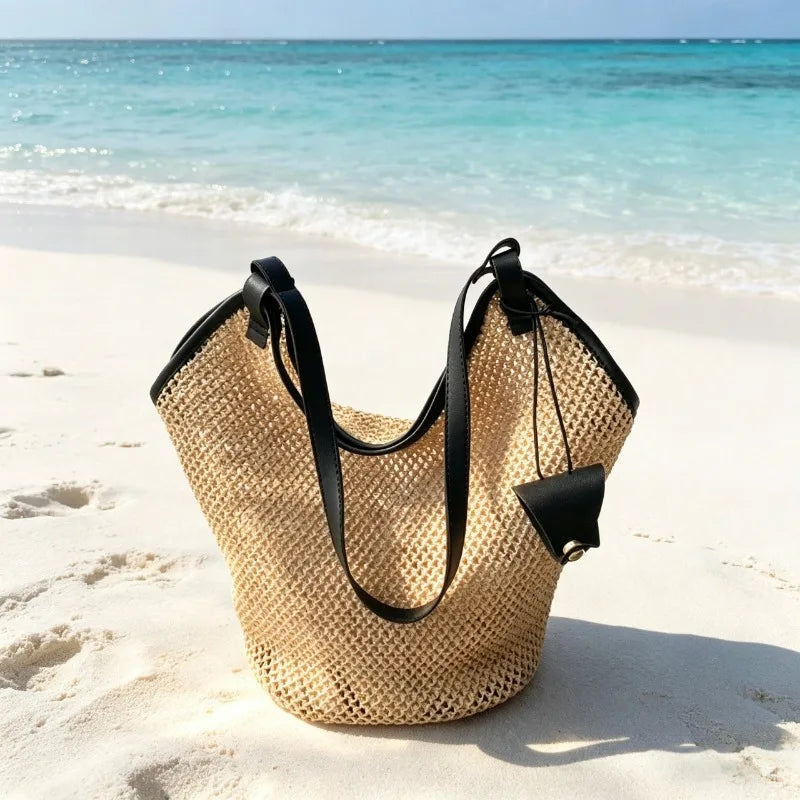 1 unidade de Bolsa de Ombro Minimalista de Palha Trançada com Alças de PU, Sacola Casual