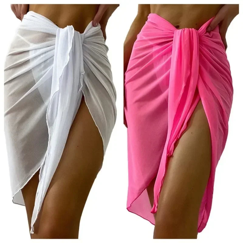 Vestido de Praia Transparente com Nó | Cover-Up Versátil | Saia e Biquiní