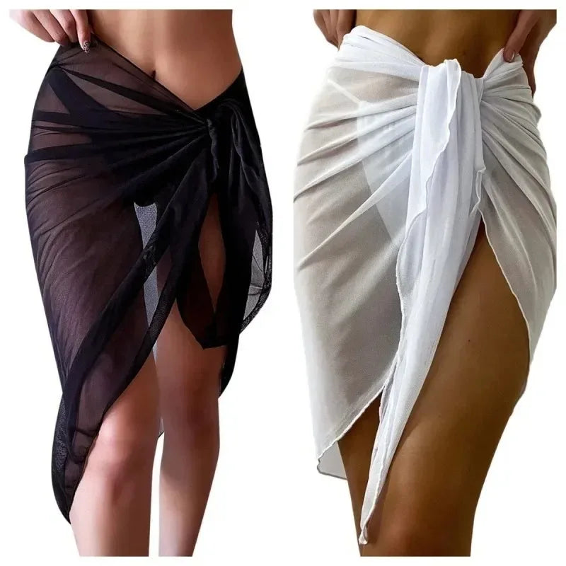 Vestido de Praia Transparente com Nó | Cover-Up Versátil | Saia e Biquiní