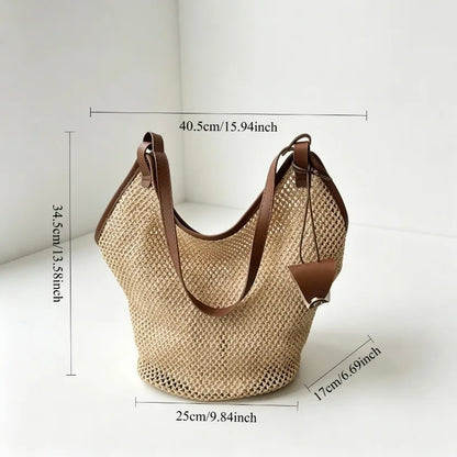 1 unidade de Bolsa de Ombro Minimalista de Palha Trançada com Alças de PU, Sacola Casual