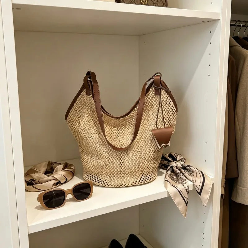 1 unidade de Bolsa de Ombro Minimalista de Palha Trançada com Alças de PU, Sacola Casual