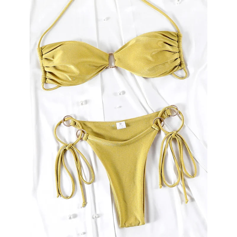 Biquíni Sexy Feminino Cor Sólida com Design Oco | Conjunto 2 Peças | Verão 2026