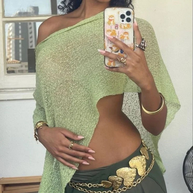 Top Poncho Transparente Feminino | Malha Leve Fora do Ombro | Cobertura de Praia