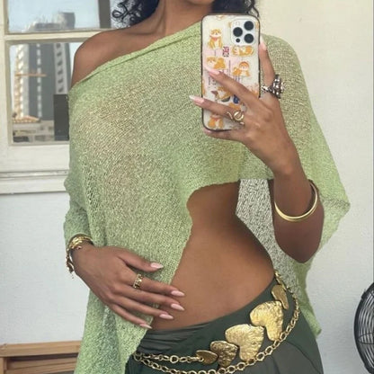 Top Poncho Transparente Feminino | Malha Leve Fora do Ombro | Cobertura de Praia