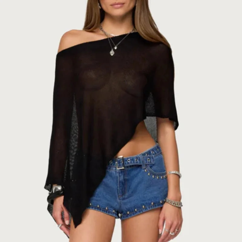 Top Poncho Transparente Feminino | Malha Leve Fora do Ombro | Cobertura de Praia