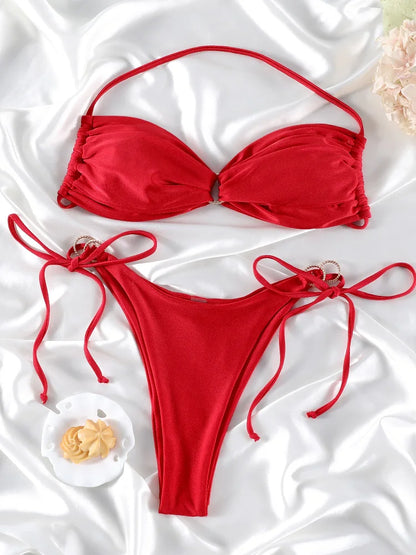 Biquíni Sexy Feminino Cor Sólida com Design Oco | Conjunto 2 Peças | Verão 2026