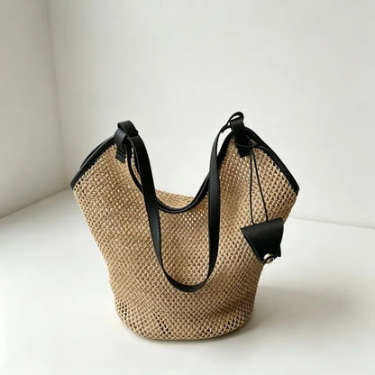 1 unidade de Bolsa de Ombro Minimalista de Palha Trançada com Alças de PU, Sacola Casual