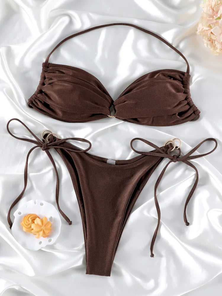 Biquíni Sexy Feminino Cor Sólida com Design Oco | Conjunto 2 Peças | Verão 2026