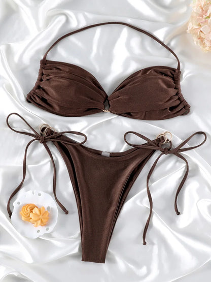 Biquíni Sexy Feminino Cor Sólida com Design Oco | Conjunto 2 Peças | Verão 2026