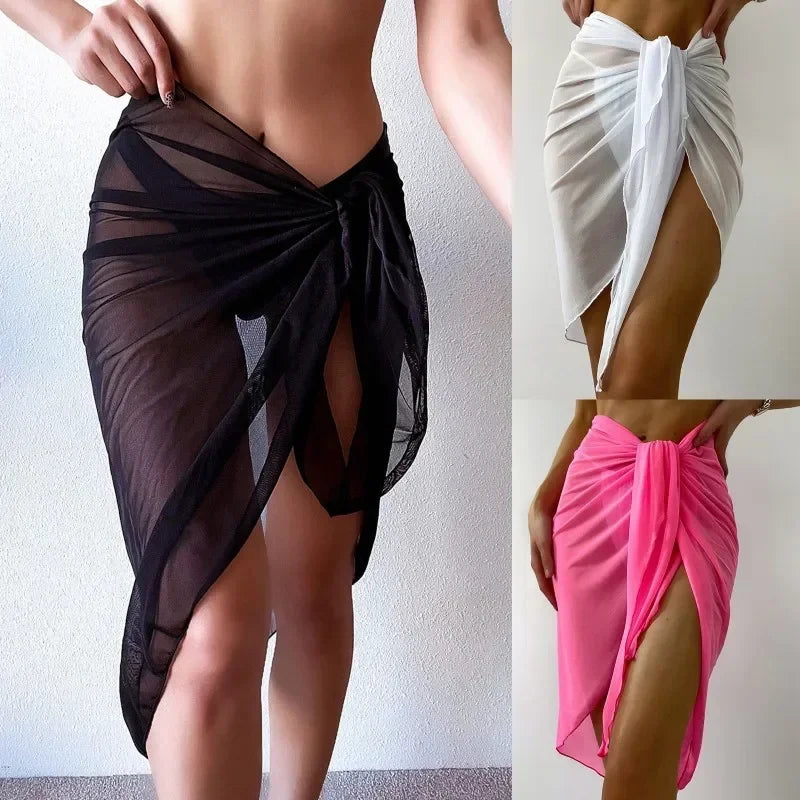 Vestido de Praia Transparente com Nó | Cover-Up Versátil | Saia e Biquiní