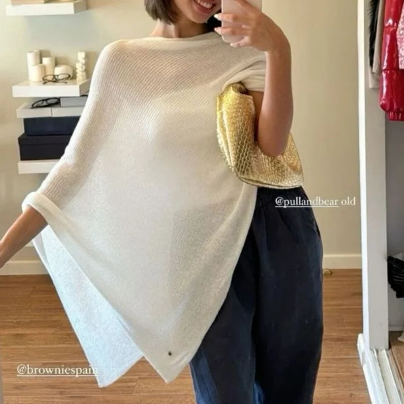 Top Poncho Transparente Feminino | Malha Leve Fora do Ombro | Cobertura de Praia