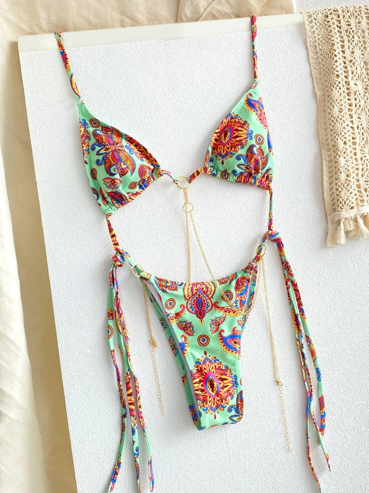Biquíni Micro Tanga Triangular com Correntes | Conjunto 2 Peças | Verão 2026