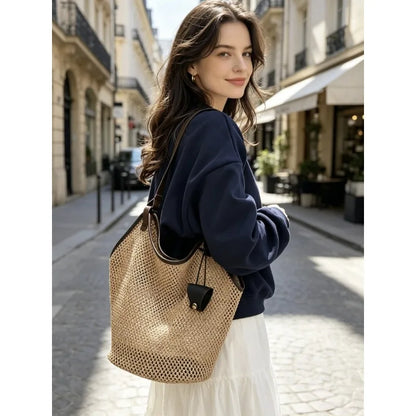 1 unidade de Bolsa de Ombro Minimalista de Palha Trançada com Alças de PU, Sacola Casual