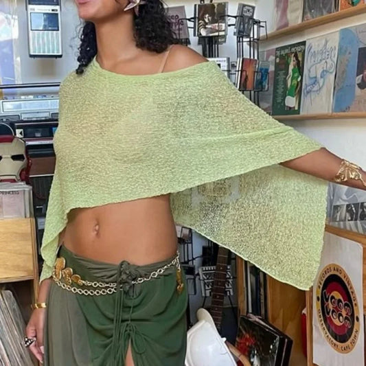 Top Poncho Transparente Feminino | Malha Leve Fora do Ombro | Cobertura de Praia