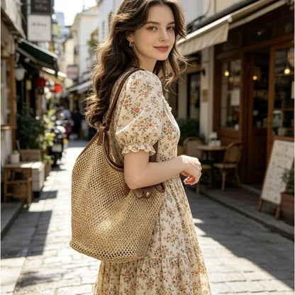 1 unidade de Bolsa de Ombro Minimalista de Palha Trançada com Alças de PU, Sacola Casual