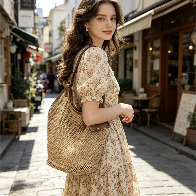 1 unidade de Bolsa de Ombro Minimalista de Palha Trançada com Alças de PU, Sacola Casual