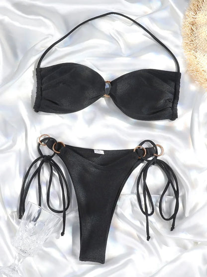 Biquíni Sexy Feminino Cor Sólida com Design Oco | Conjunto 2 Peças | Verão 2026