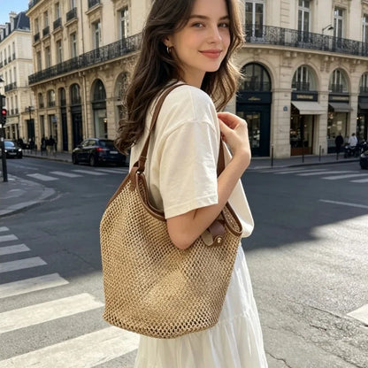 1 unidade de Bolsa de Ombro Minimalista de Palha Trançada com Alças de PU, Sacola Casual