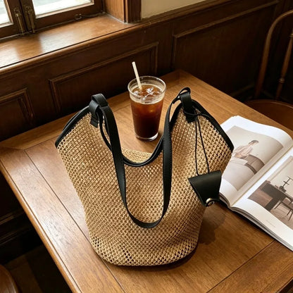 1 unidade de Bolsa de Ombro Minimalista de Palha Trançada com Alças de PU, Sacola Casual